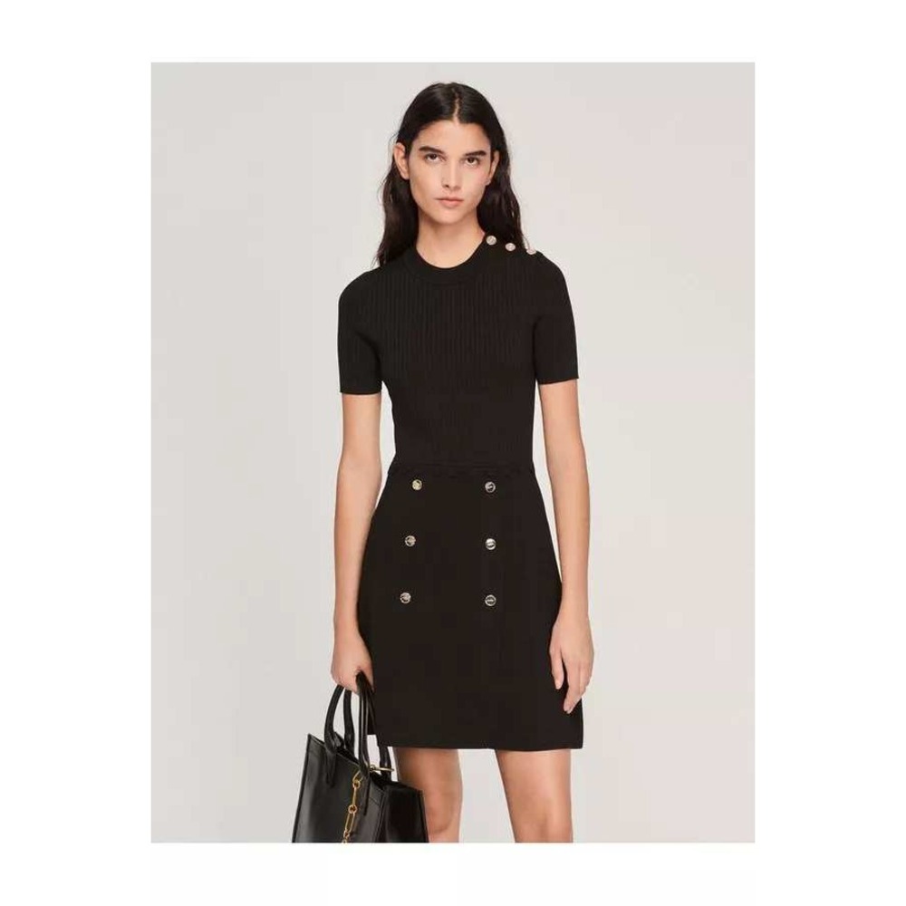 Sandro Black Ribbed Knit Short Sleeve A-Line Dress Gold Button Detail Size 36 - Picture 1 of 14